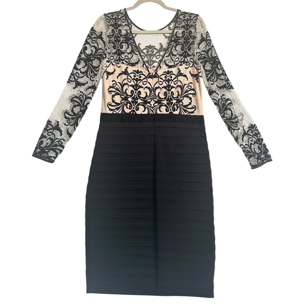 Betsy & Adam Dress Lace Damask Tiered Bandage Long Sleeve Black Nude 14 Cocktail - Picture 7 of 11